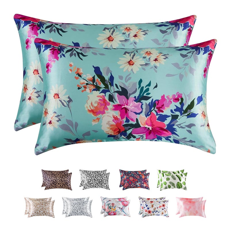 MR&HM Satin Pillowcase for Hair and Skin, Silk Satin Pillowcase 2 Pack, King Size Pillow Cases Set of 2, Silky Pillow Cover with Envelope Closure (20x40, Floral Green) - Image 1